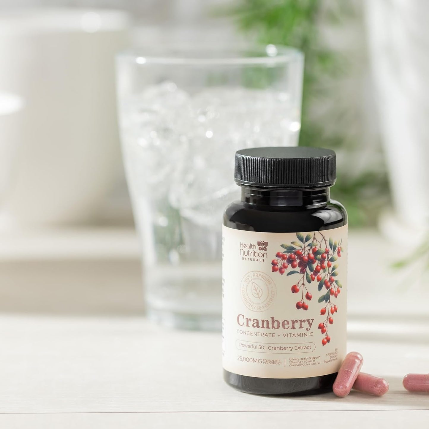 High Potency Health Nutrition Naturals Cranberry Pills with 50:1 Concentrate Extract & Vitamin C - 25,000mg Formula for Urinary Tract Support - Non-GMO & Gluten-Free - 60 Capsules for Women & Men