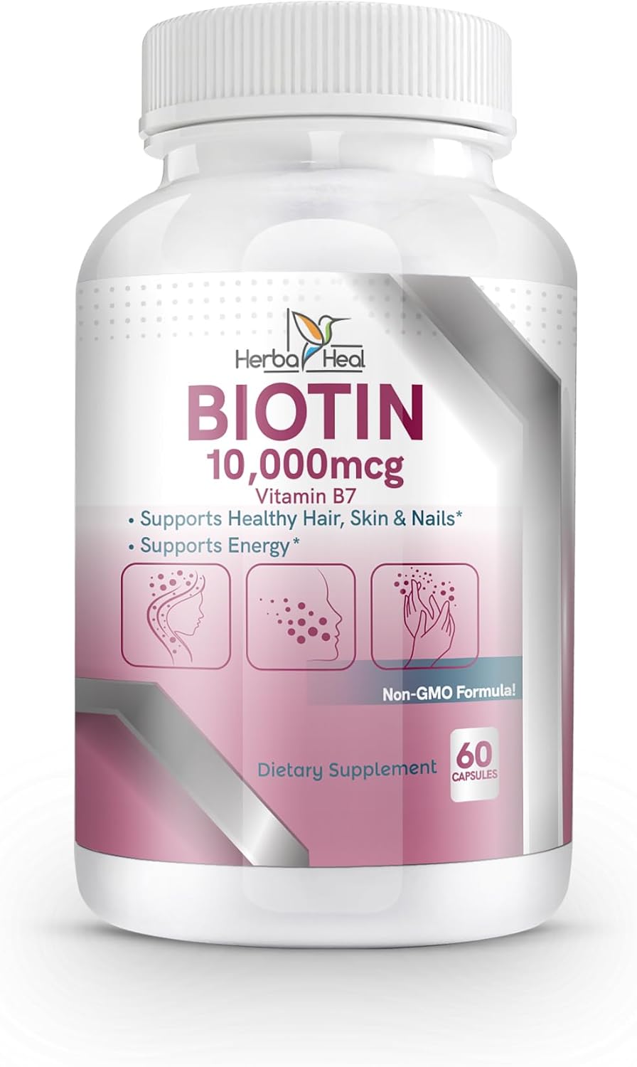 High Potency HERBA HEAL Biotin 10,000MCG Capsules for Hair Growth - Vitamin B7 Pills for Healthy Skin, Nails, and Hair Transplant - Men and Women's Supplement