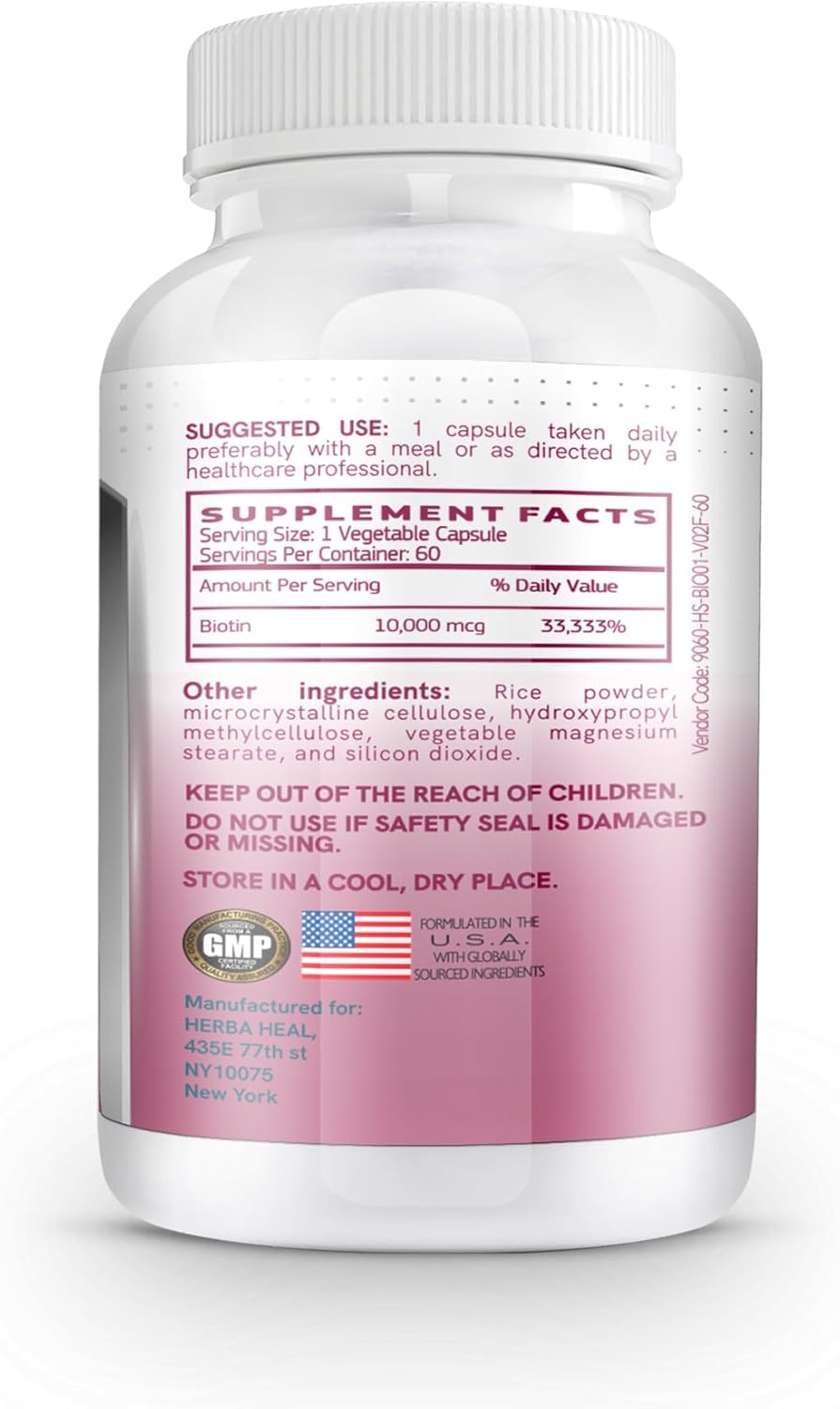 High Potency HERBA HEAL Biotin 10,000MCG Capsules for Hair Growth - Vitamin B7 Pills for Healthy Skin, Nails, and Hair Transplant - Men and Women's Supplement