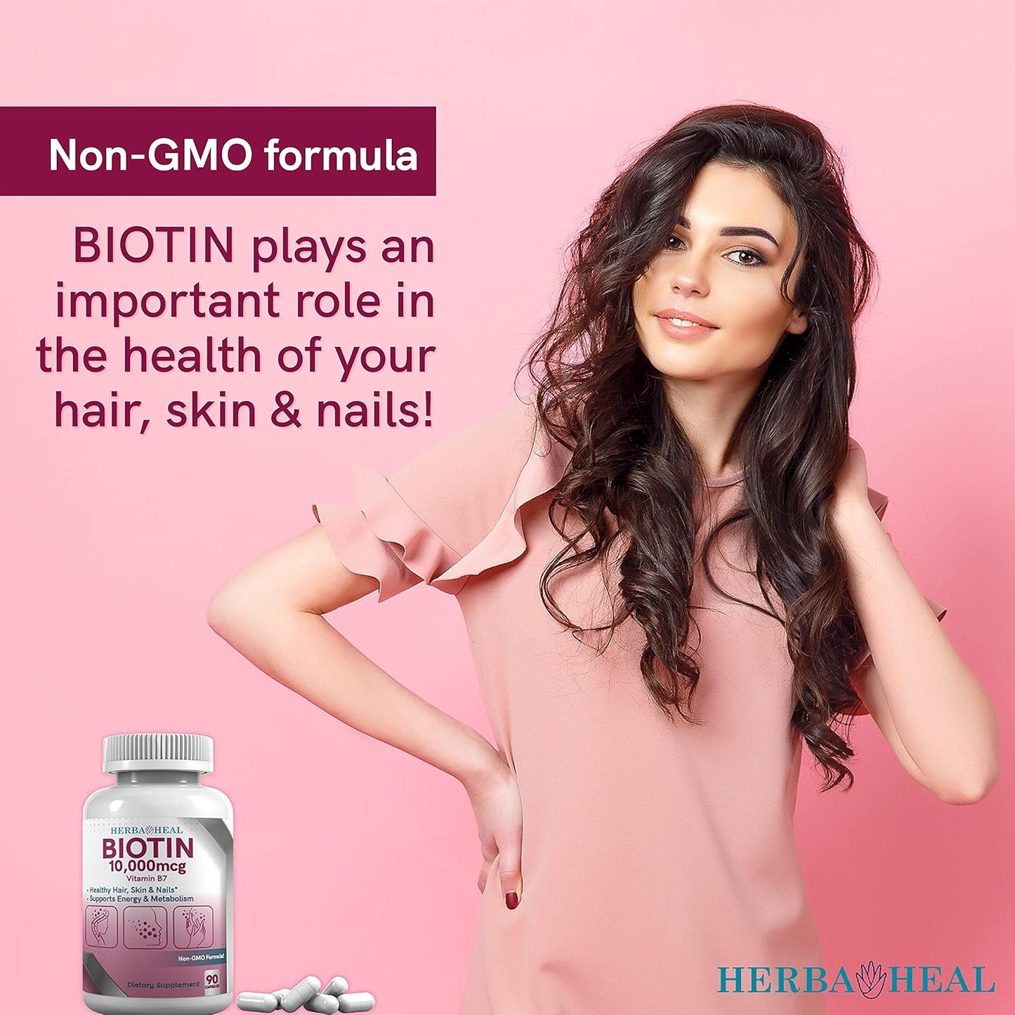 High Potency HERBA HEAL Biotin 10,000MCG Capsules for Hair Growth - Vitamin B7 Pills for Healthy Skin, Nails, and Hair Transplant - Men and Women's Supplement