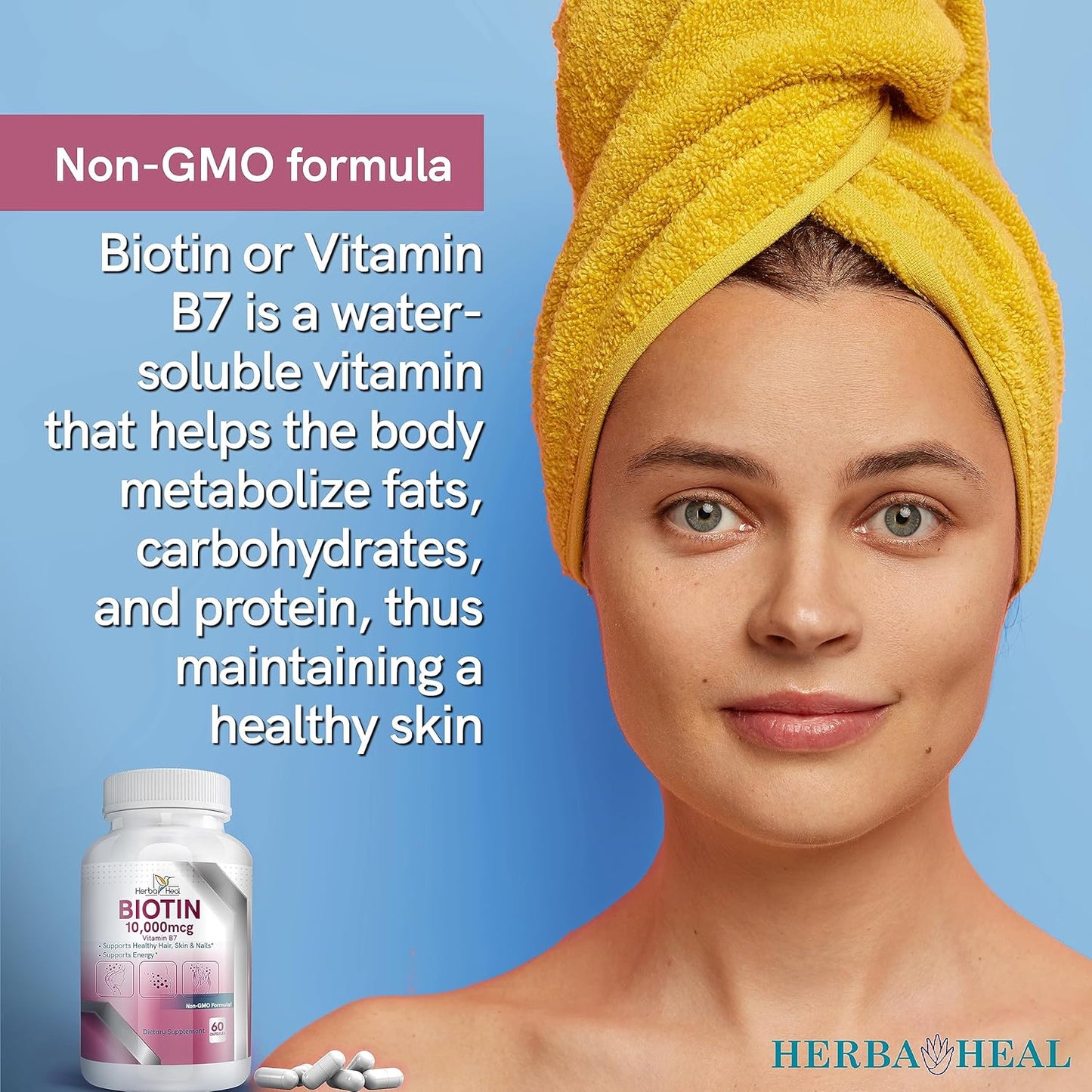 High Potency HERBA HEAL Biotin 10,000MCG Capsules for Hair Growth - Vitamin B7 Pills for Healthy Skin, Nails, and Hair Transplant - Men and Women's Supplement