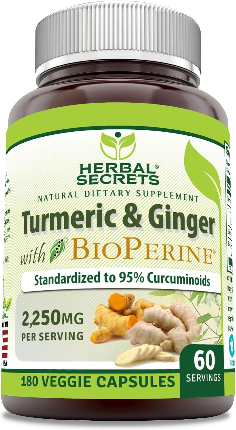High Potency Herbal Secrets Turmeric Curcumin & Ginger Capsules with BioPerine - 2,250 Mg Per Serving - Non-GMO, Gluten Free - 180 Count - Made in USA