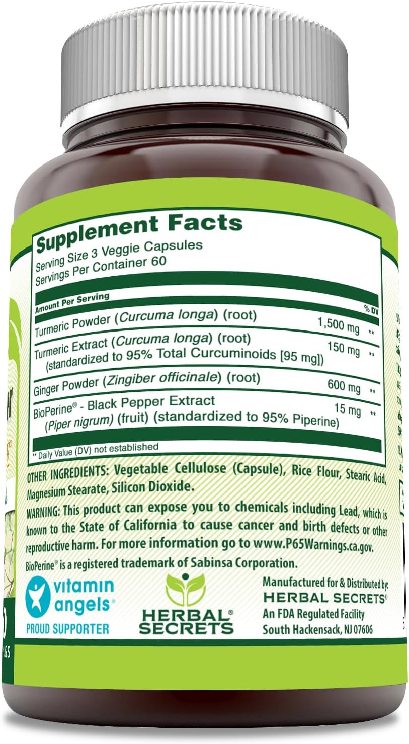 High Potency Herbal Secrets Turmeric Curcumin & Ginger Capsules with BioPerine - 2,250 Mg Per Serving - Non-GMO, Gluten Free - 180 Count - Made in USA