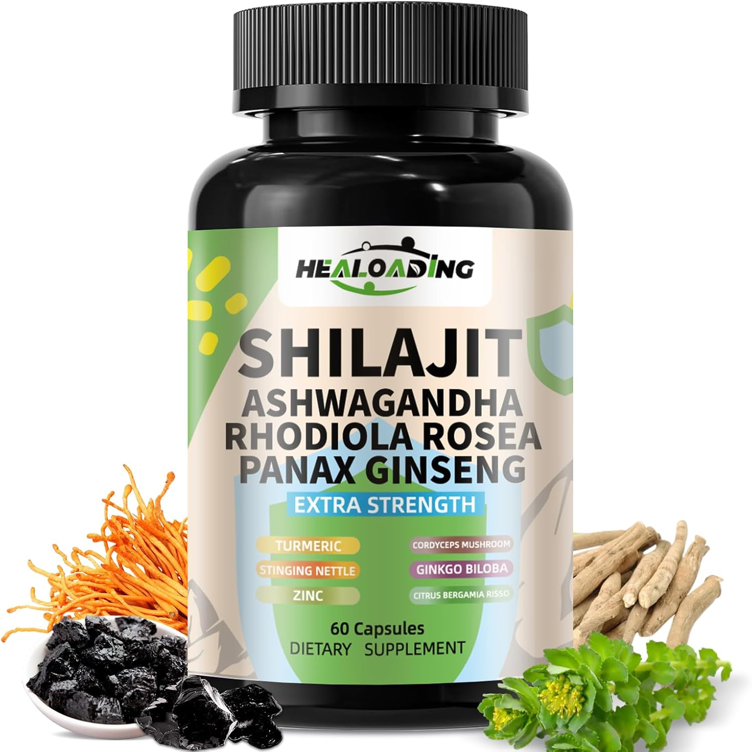 High Potency Himalayan Shilajit Capsules with Ashwagandha, Ginseng, Rhodiola, Cordyceps, Ginkgo, and Turmeric for Men & Women - 9000mg Shilajit, 2000mg Ashwagandha, 1500mg Ginseng, 1000mg Rhodiola, 500mg Cordyceps, 500mg Ginkgo, 500mg Turmeric