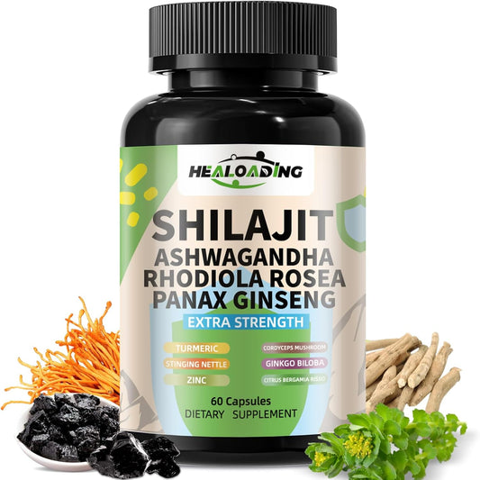 High Potency Himalayan Shilajit Capsules with Ashwagandha, Ginseng, Rhodiola, Cordyceps, Ginkgo, and Turmeric for Men & Women - 9000mg Shilajit, 2000mg Ashwagandha, 1500mg Ginseng, 1000mg Rhodiola, 500mg Cordyceps, 500mg Ginkgo, 500mg Turmeric