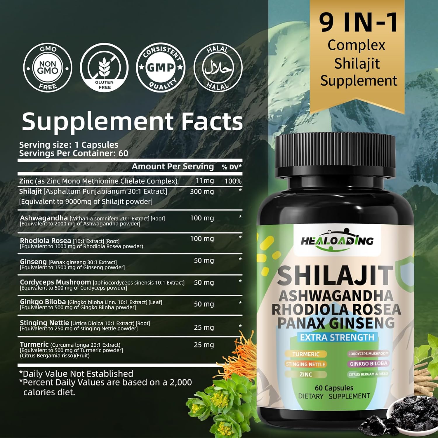 High Potency Himalayan Shilajit Capsules with Ashwagandha, Ginseng, Rhodiola, Cordyceps, Ginkgo, and Turmeric for Men & Women - 9000mg Shilajit, 2000mg Ashwagandha, 1500mg Ginseng, 1000mg Rhodiola, 500mg Cordyceps, 500mg Ginkgo, 500mg Turmeric
