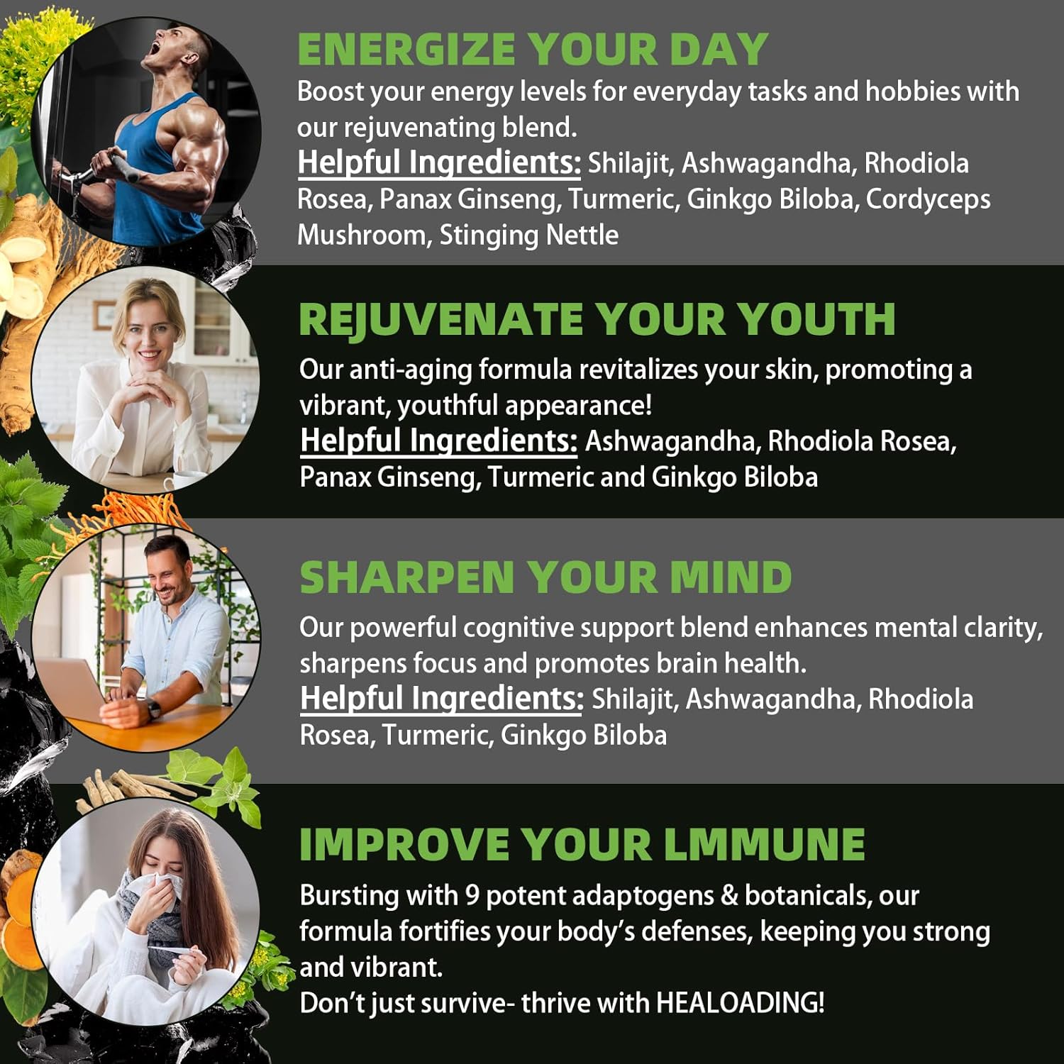 High Potency Himalayan Shilajit Capsules with Ashwagandha, Ginseng, Rhodiola, Cordyceps, Ginkgo, and Turmeric for Men & Women - 9000mg Shilajit, 2000mg Ashwagandha, 1500mg Ginseng, 1000mg Rhodiola, 500mg Cordyceps, 500mg Ginkgo, 500mg Turmeric