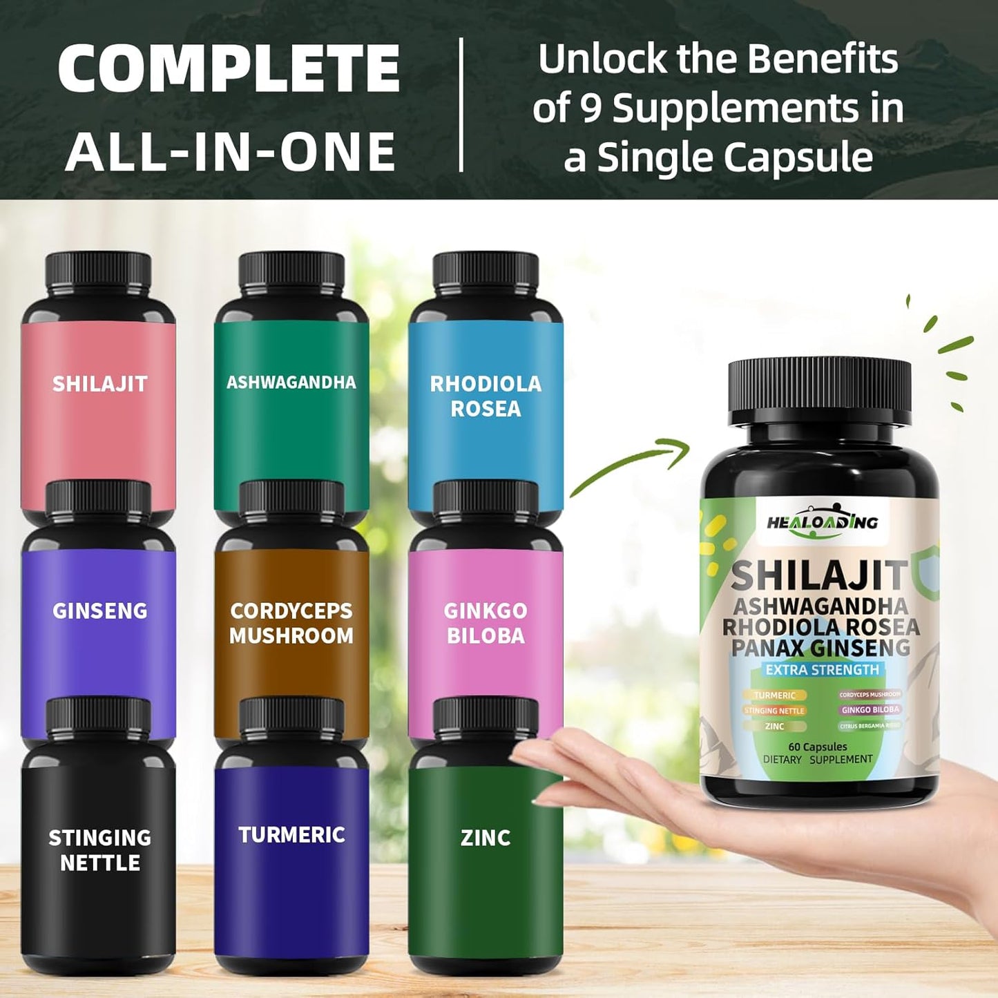 High Potency Himalayan Shilajit Capsules with Ashwagandha, Ginseng, Rhodiola, Cordyceps, Ginkgo, and Turmeric for Men & Women - 9000mg Shilajit, 2000mg Ashwagandha, 1500mg Ginseng, 1000mg Rhodiola, 500mg Cordyceps, 500mg Ginkgo, 500mg Turmeric