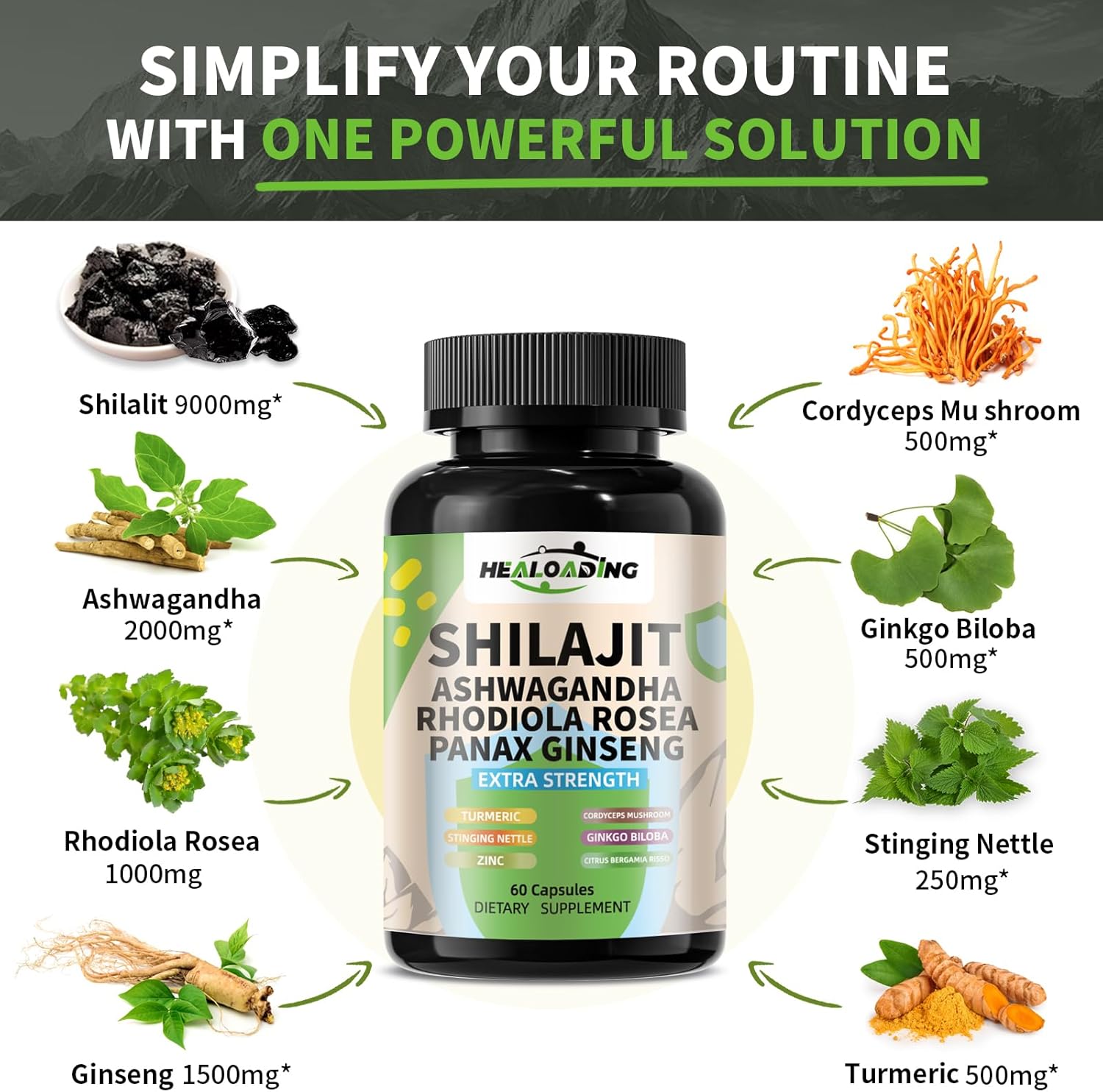 High Potency Himalayan Shilajit Capsules with Ashwagandha, Ginseng, Rhodiola, Cordyceps, Ginkgo, and Turmeric for Men & Women - 9000mg Shilajit, 2000mg Ashwagandha, 1500mg Ginseng, 1000mg Rhodiola, 500mg Cordyceps, 500mg Ginkgo, 500mg Turmeric