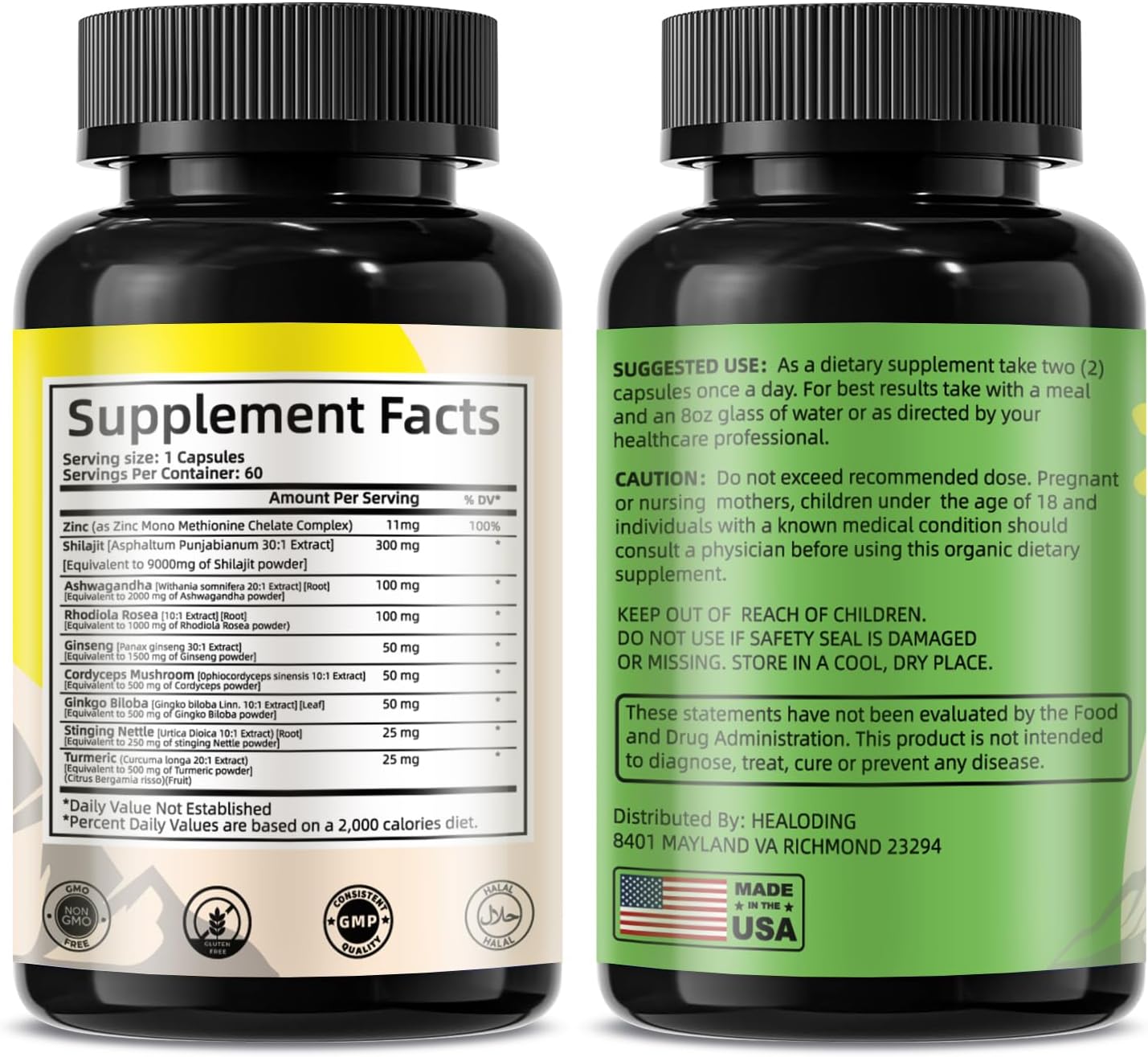 High Potency Himalayan Shilajit Capsules with Ashwagandha, Ginseng, Rhodiola, Cordyceps, Ginkgo, and Turmeric for Men & Women - 9000mg Shilajit, 2000mg Ashwagandha, 1500mg Ginseng, 1000mg Rhodiola, 500mg Cordyceps, 500mg Ginkgo, 500mg Turmeric