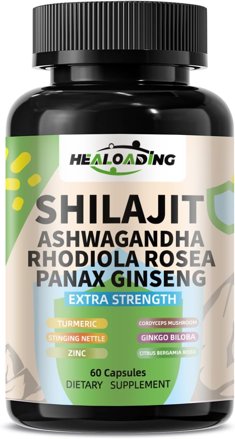 High Potency Himalayan Shilajit Capsules with Ashwagandha, Ginseng, Rhodiola, Cordyceps, Ginkgo, and Turmeric for Men & Women - 9000mg Shilajit, 2000mg Ashwagandha, 1500mg Ginseng, 1000mg Rhodiola, 500mg Cordyceps, 500mg Ginkgo, 500mg Turmeric