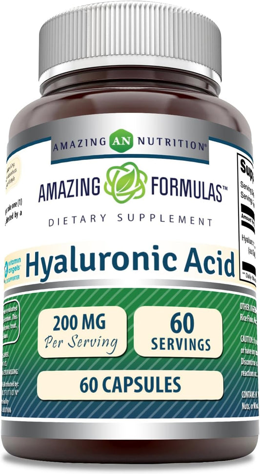 High Potency Hyaluronic Acid Capsules - 200mg per Serving | Non-GMO, Gluten Free Supplement | 60 Count, Made in USA by Amazing Nutrition