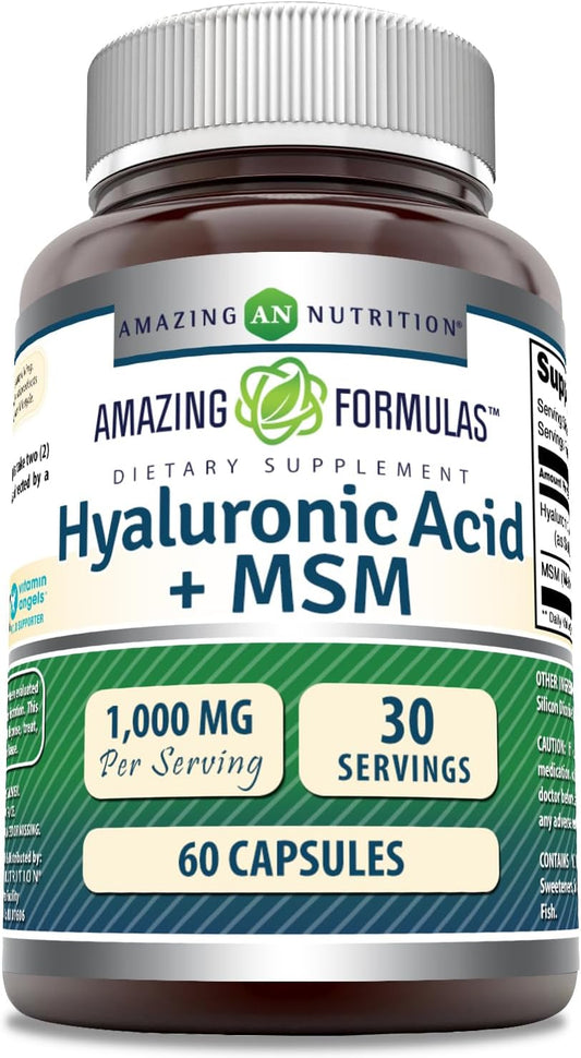 High Potency Hyaluronic Acid & MSM Supplement - 1000mg Capsules - Non-GMO, Gluten Free - Made in USA - 60 Count