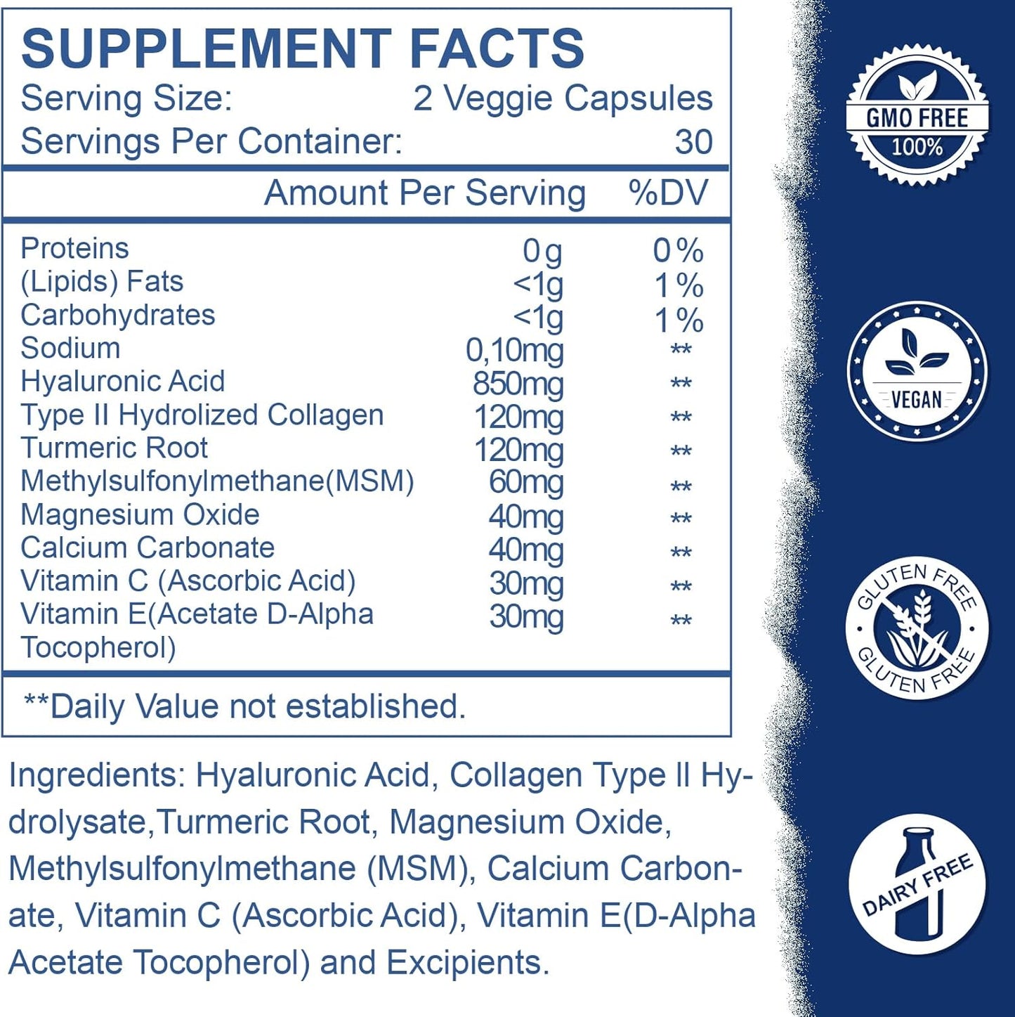 High Potency Hyaluronic Acid Supplements for Skin and Joints - 850mg Capsules for Hydration and Lubrication - 180 Count