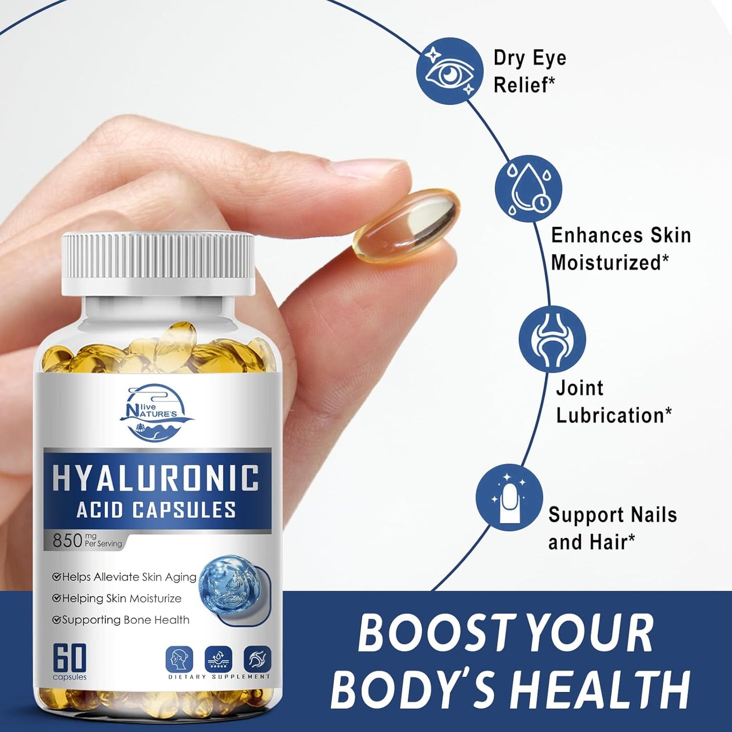 High Potency Hyaluronic Acid Supplements for Skin and Joints - 850mg Capsules for Hydration and Lubrication - 180 Count