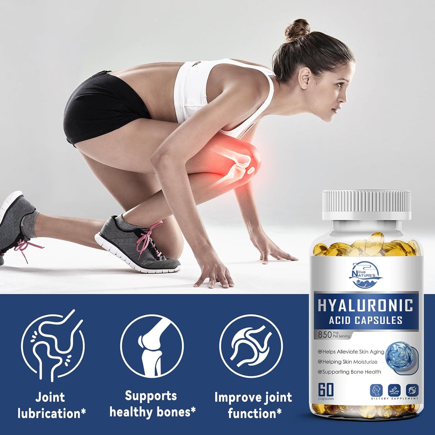 High Potency Hyaluronic Acid Supplements for Skin and Joints - 850mg Capsules for Hydration and Lubrication - 180 Count