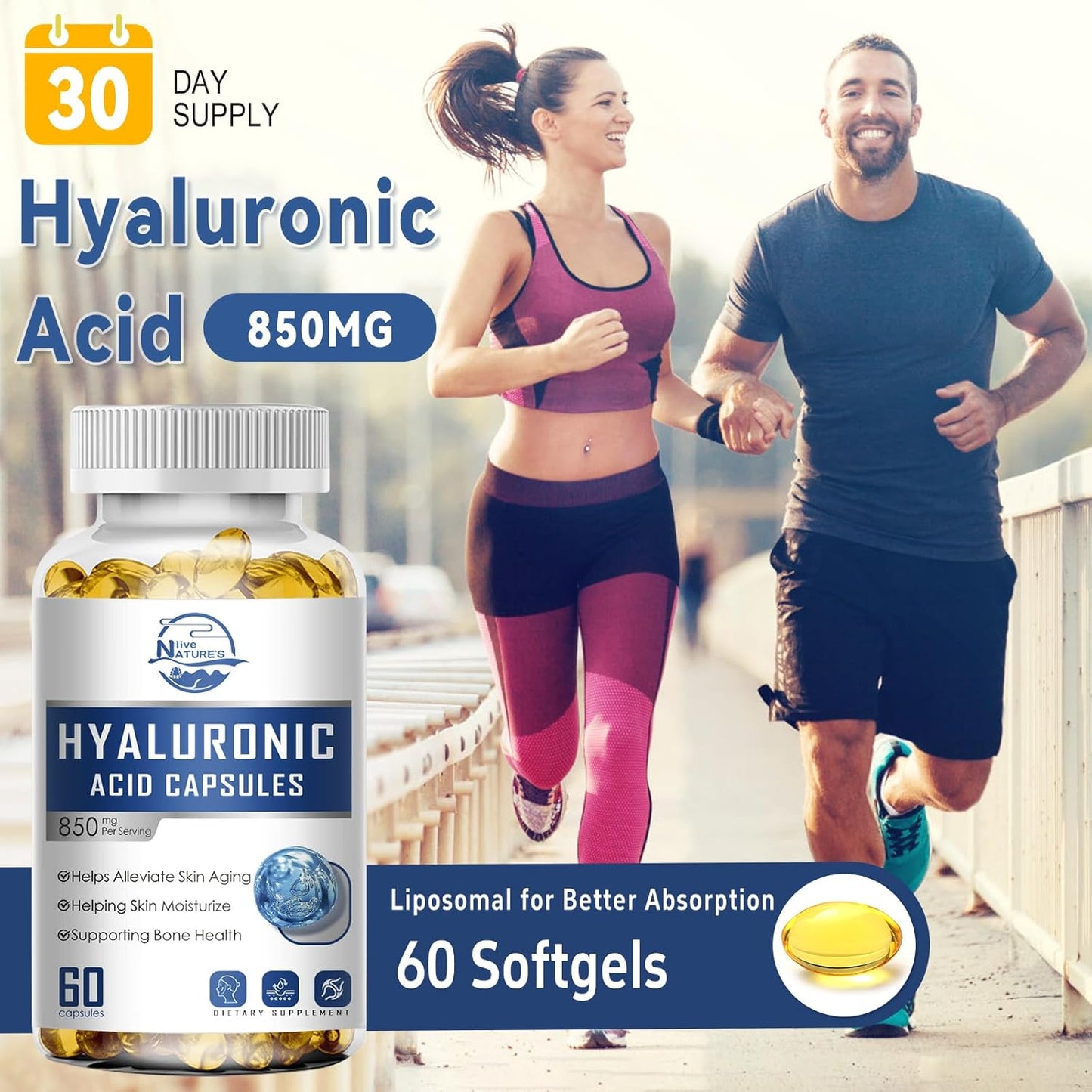 High Potency Hyaluronic Acid Supplements for Skin and Joints - 850mg Capsules for Hydration and Lubrication - 180 Count