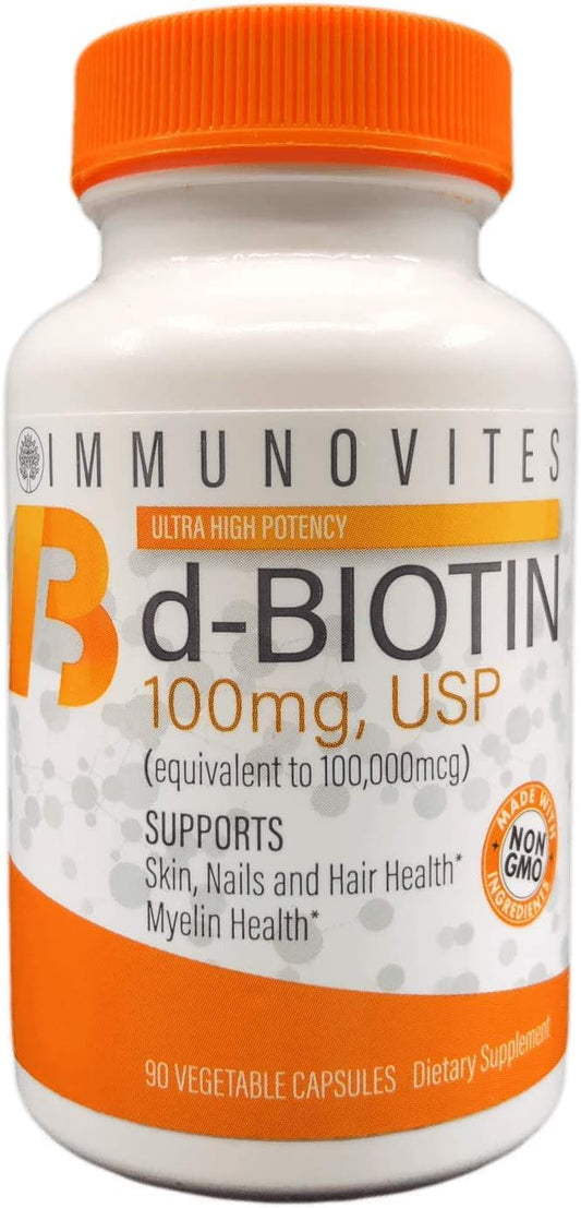 High Potency IMMUNOVITES Biotin Supplement 100mg (100,000mcg) - 90 Capsules, Pure d-Biotin, USP Grade