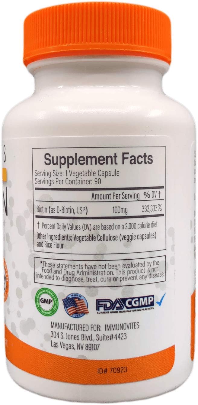 High Potency IMMUNOVITES Biotin Supplement 100mg (100,000mcg) - 90 Capsules, Pure d-Biotin, USP Grade
