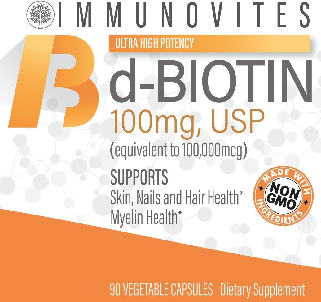 High Potency IMMUNOVITES Biotin Supplement 100mg (100,000mcg) - 90 Capsules, Pure d-Biotin, USP Grade