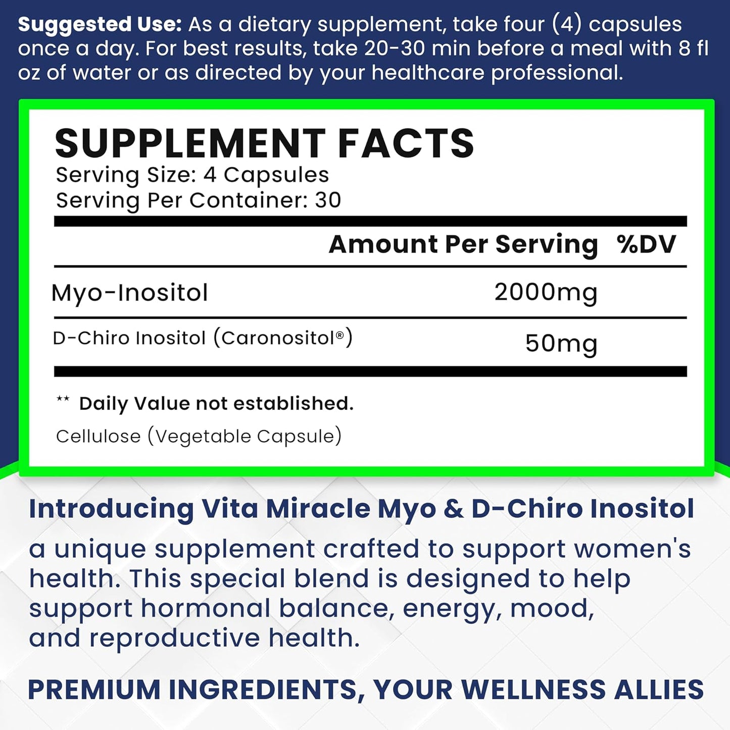 High Potency Inositol Supplement for Women - 120 Capsules 2000mg 40:1 Ratio Myo & D Chiro Inositol Blend - Hormone Balance and PCOS Support - Full Month Supply