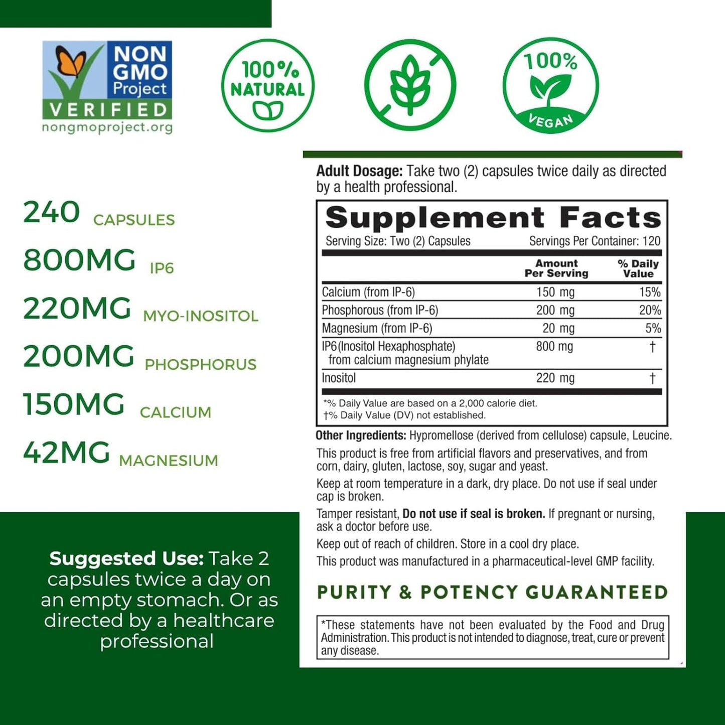 High Potency IP6 Inositol 1020MG - 240 Capsules - Natural & Non-GMO - Made in USA - Includes FREE Book 'Research on IP6' by Dr. Kim Vanderlinden