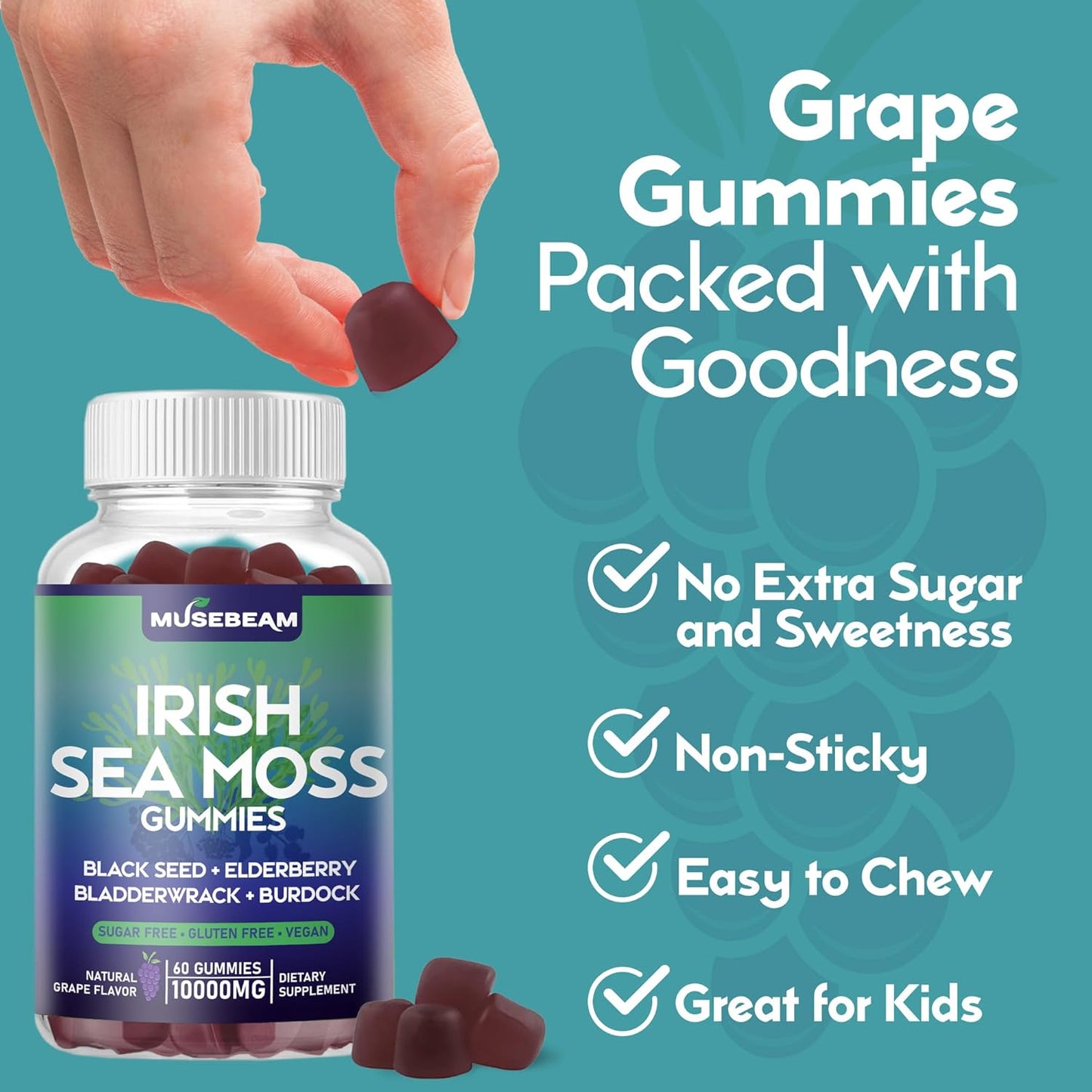 High-Potency Irish Sea Moss Gummies with Elderberry, Black Seed, and Omega-3 - Vegan Seamoss Supplements for Men and Women, Sugar-Free
