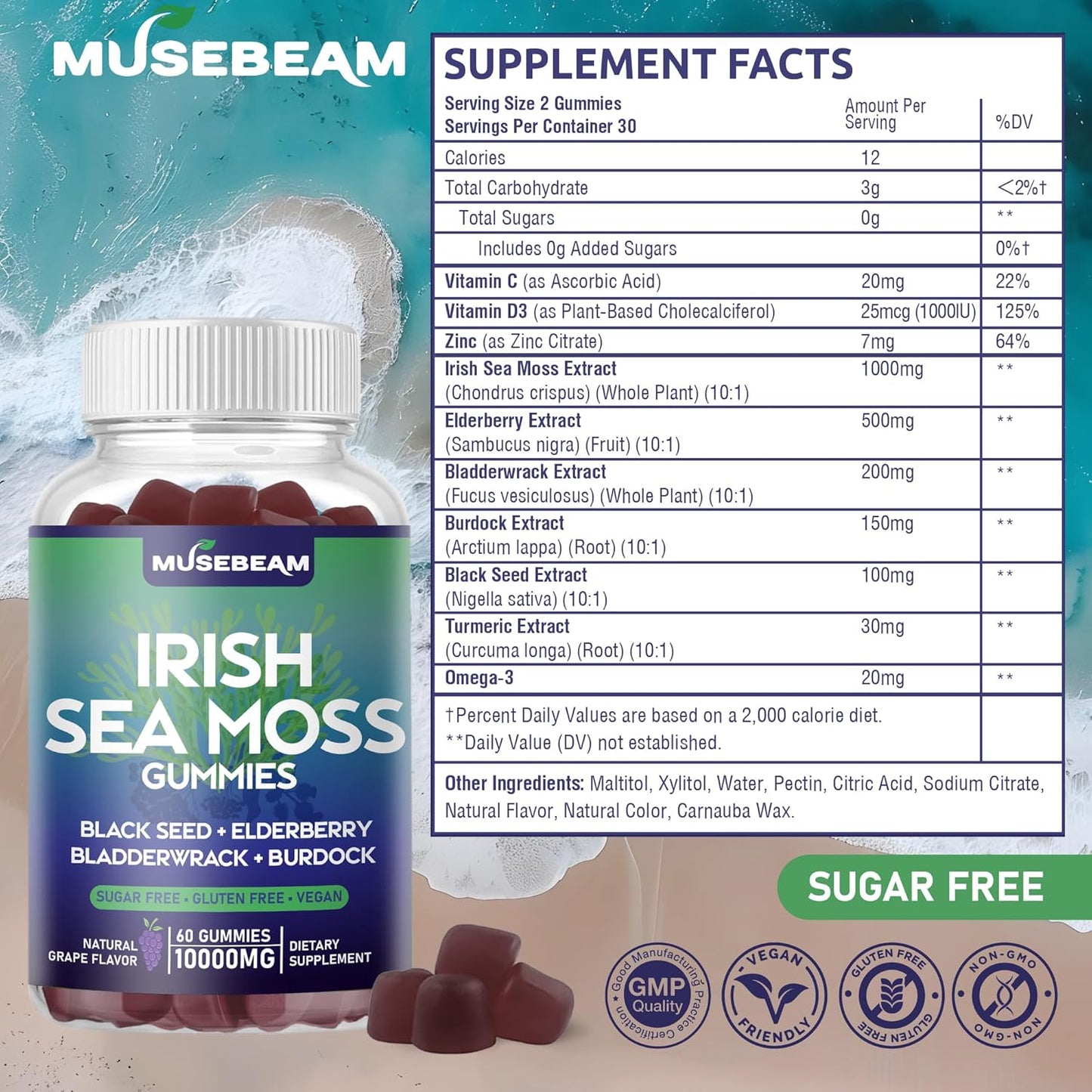 High-Potency Irish Sea Moss Gummies with Elderberry, Black Seed, and Omega-3 - Vegan Seamoss Supplements for Men and Women, Sugar-Free