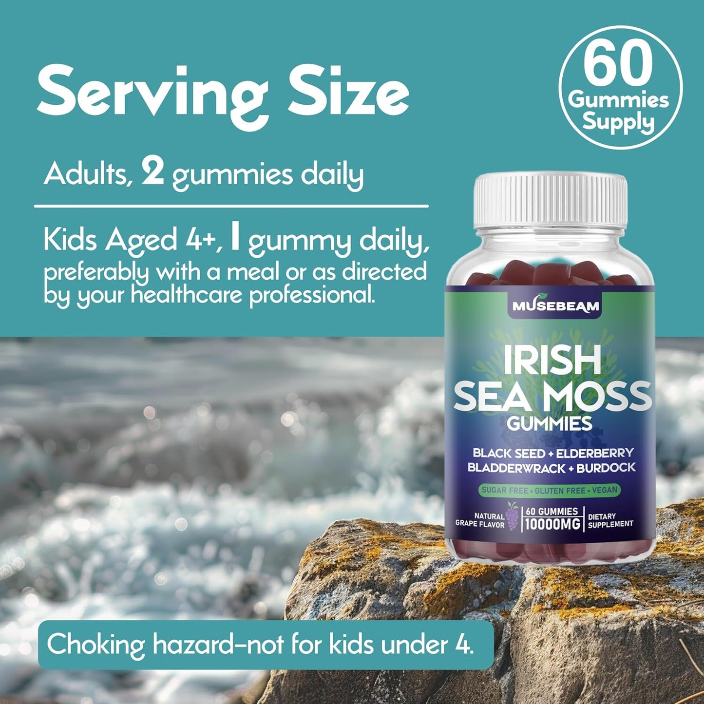 High-Potency Irish Sea Moss Gummies with Elderberry, Black Seed, and Omega-3 - Vegan Seamoss Supplements for Men and Women, Sugar-Free