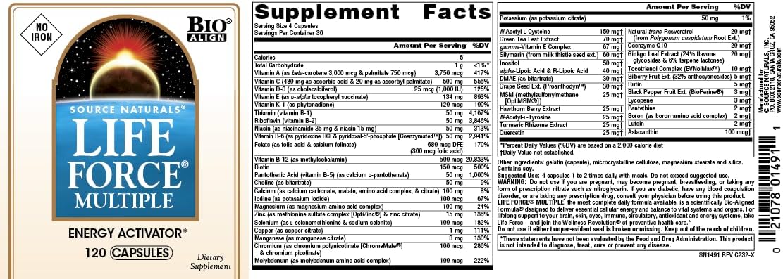 High Potency Iron-Free Daily Multivitamin with Essential Nutrients for Energy & Immune Support - 120 Capsules by Source Naturals