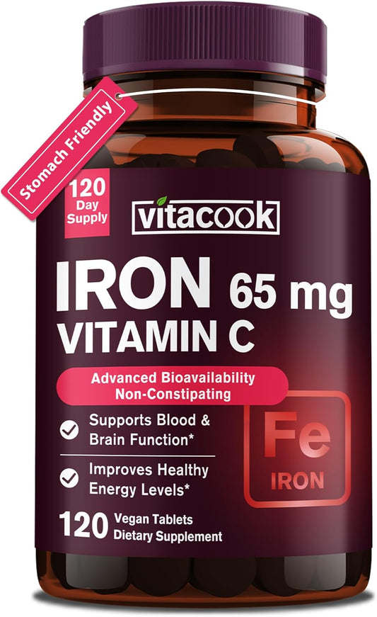 High Potency Iron Supplement with Vitamin C for Red Blood Cell Support - Vegan & Non-GMO Iron Pills for Men and Women - 120 Tablets