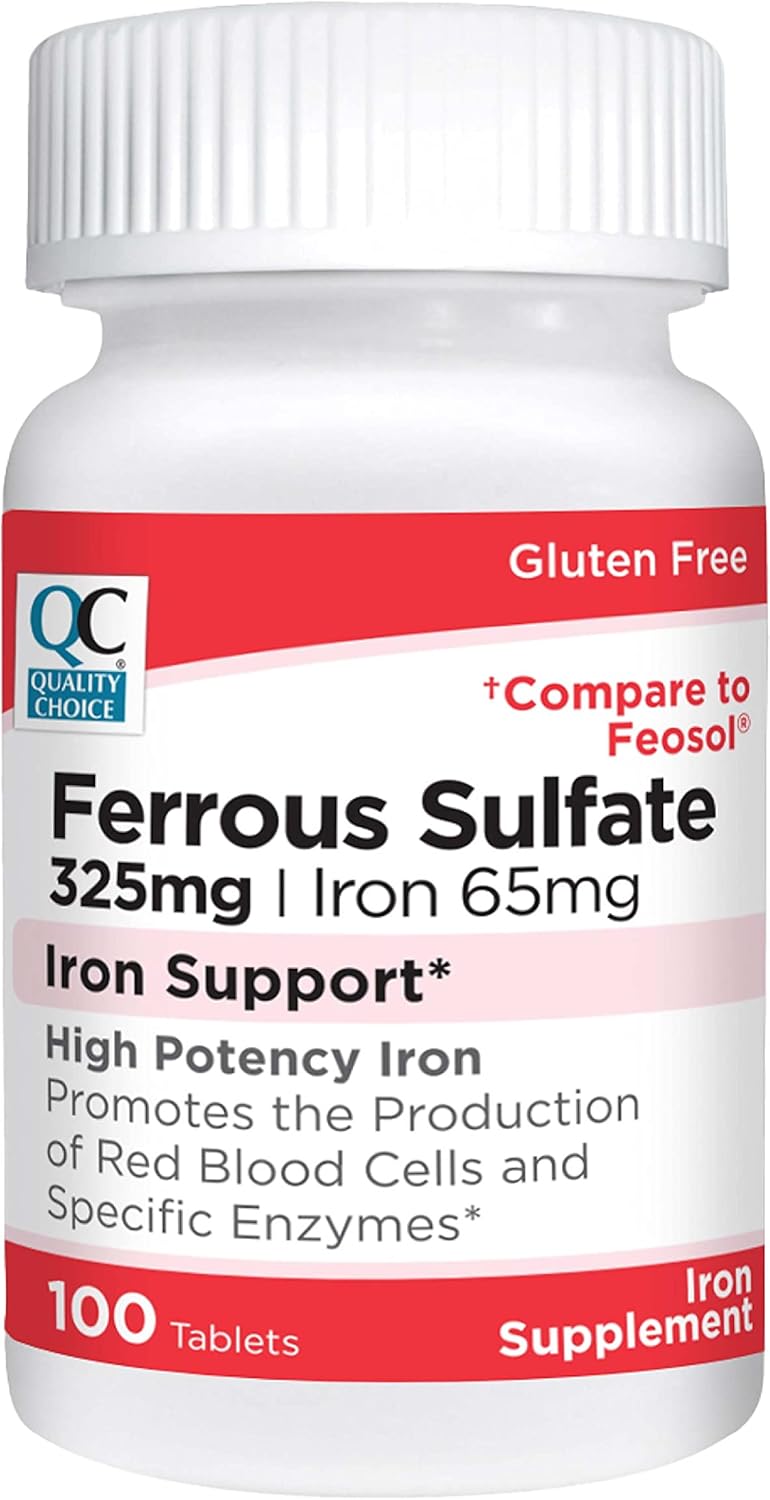 High Potency Iron Support Supplement: Quality Choice Iron 65 mg Tablets (325 mg Ferrous Sulfate) in 100 Count Bottles