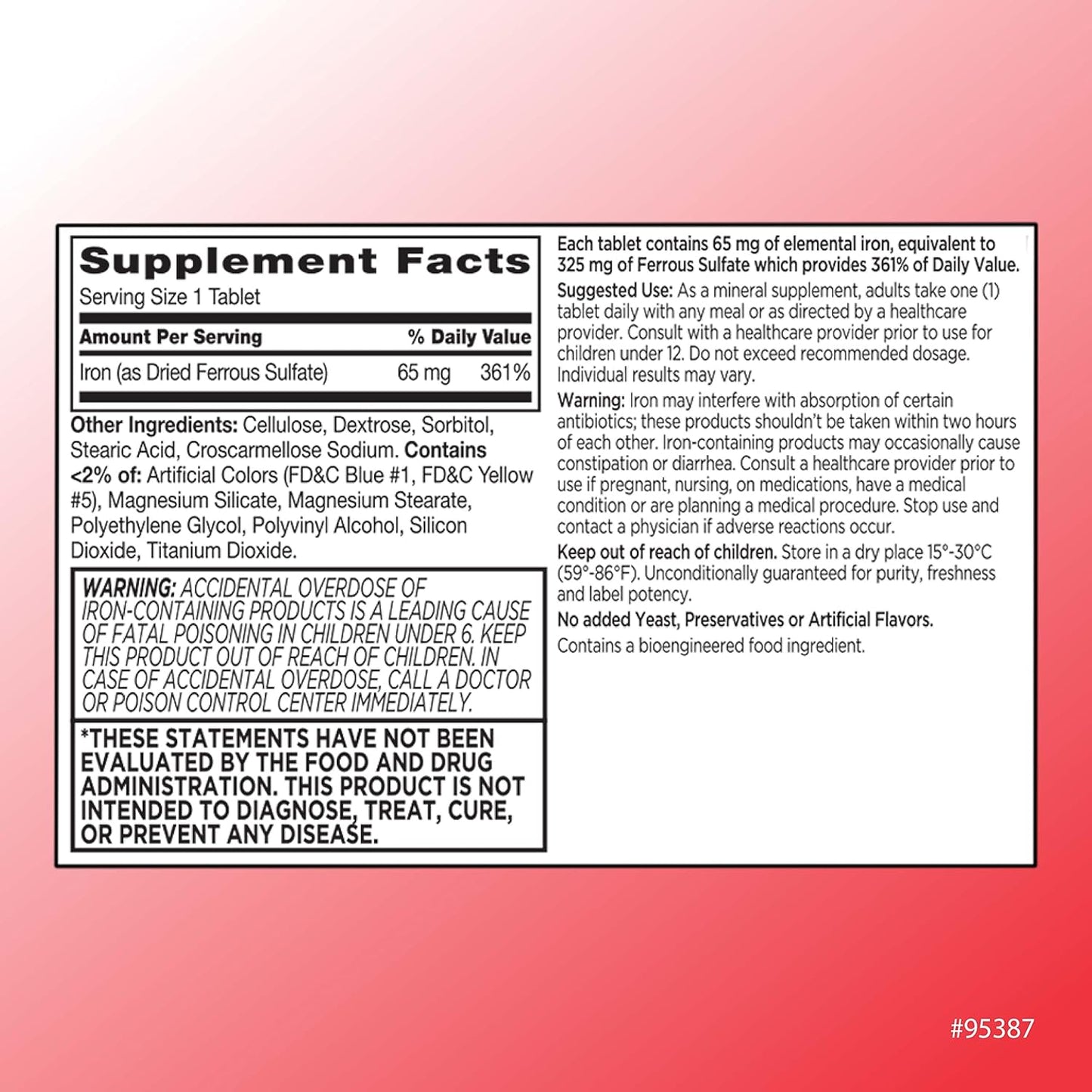 High Potency Iron Support Supplement: Quality Choice Iron 65 mg Tablets (325 mg Ferrous Sulfate) in 100 Count Bottles