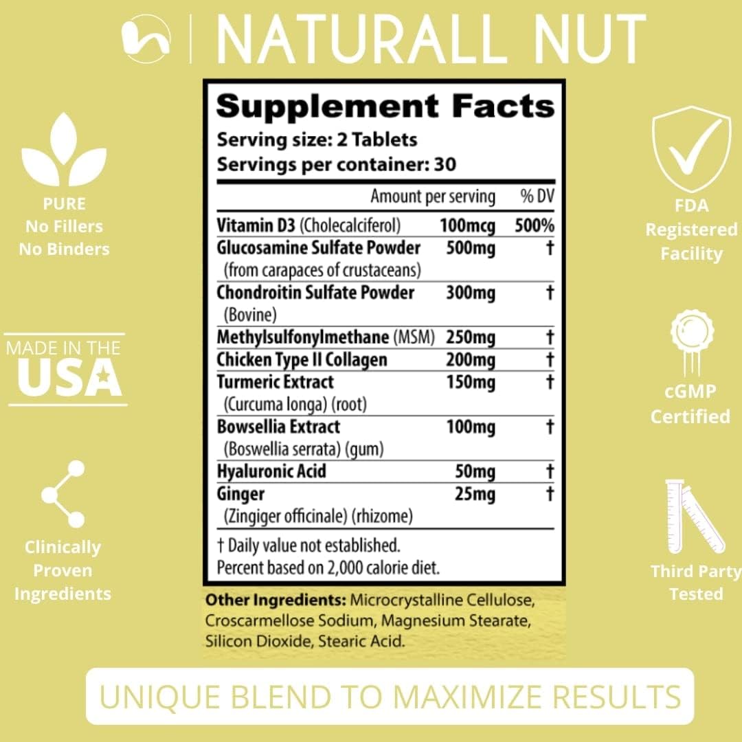 High Potency Joint Support Formula with Glucosamine, Chondroitin, MSM, Turmeric, Boswellia, Hyaluronic Acid, and Collagen - 60 Tablets, Non GMO, Antioxidant Relief for Men & Women