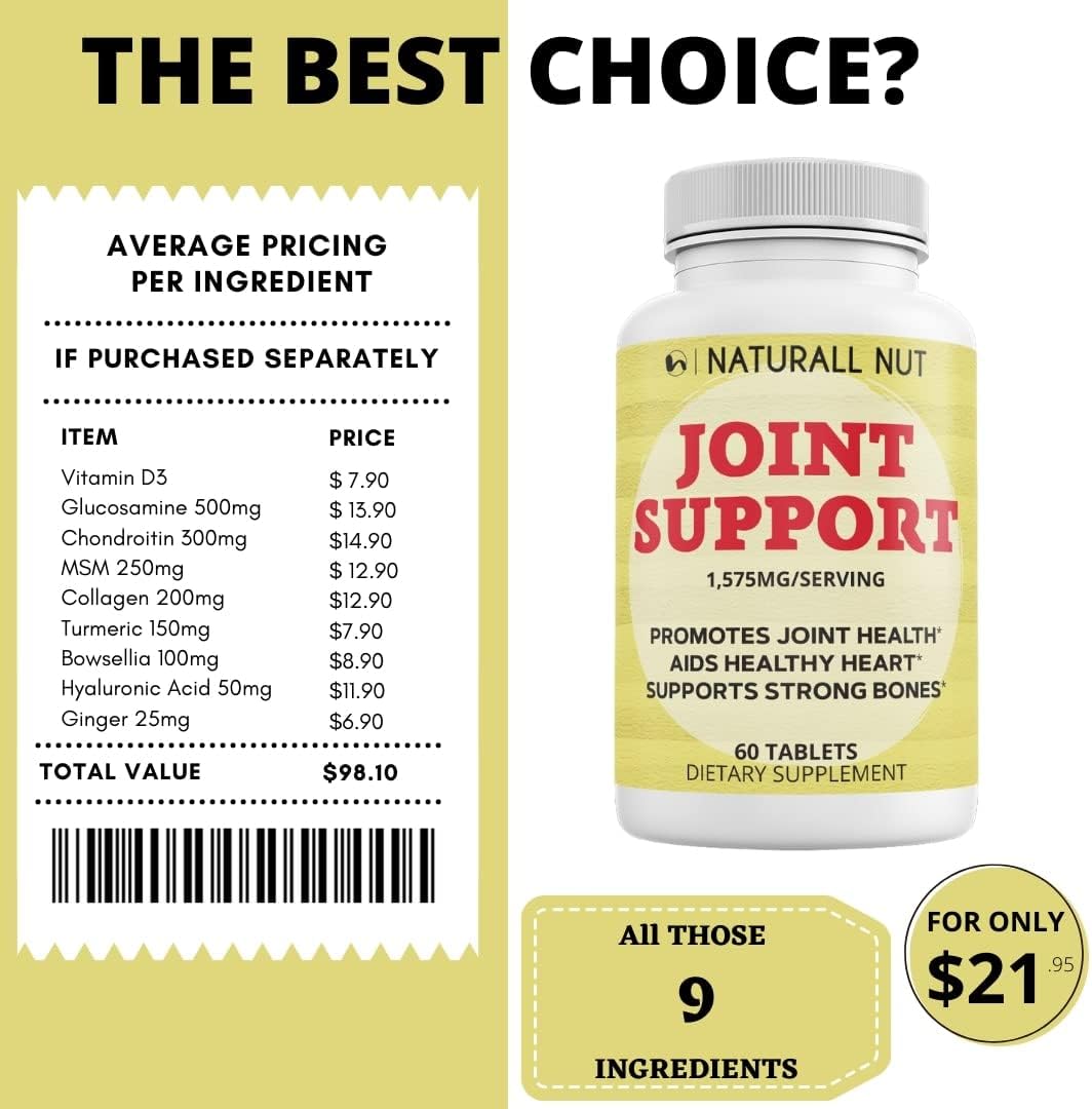 High Potency Joint Support Formula with Glucosamine, Chondroitin, MSM, Turmeric, Boswellia, Hyaluronic Acid, and Collagen - 60 Tablets, Non GMO, Antioxidant Relief for Men & Women