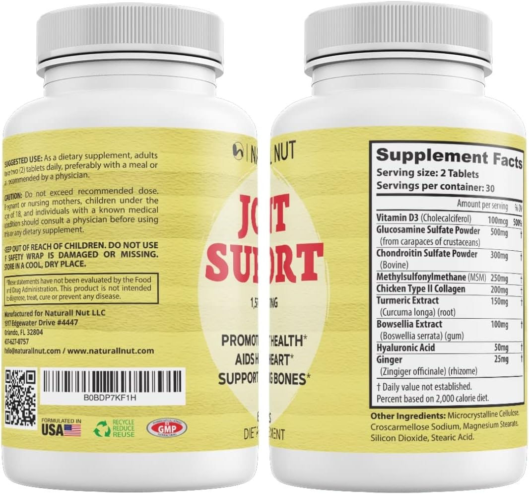 High Potency Joint Support Formula with Glucosamine, Chondroitin, MSM, Turmeric, Boswellia, Hyaluronic Acid, and Collagen - 60 Tablets, Non GMO, Antioxidant Relief for Men & Women