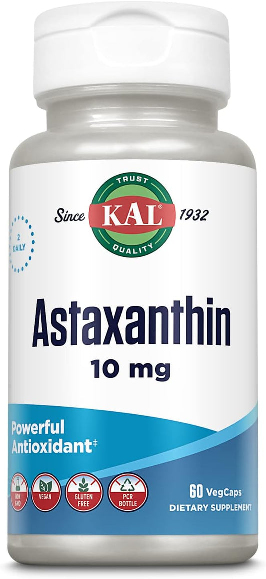 High Potency KAL Astaxanthin 10mg Supplement for Eye and Brain Health, Plant-Based Antioxidants, Non-GMO, Vegan, Gluten-Free - 60 VegCaps