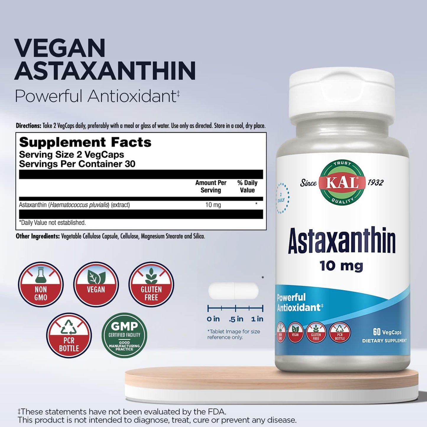 High Potency KAL Astaxanthin 10mg Supplement for Eye and Brain Health, Plant-Based Antioxidants, Non-GMO, Vegan, Gluten-Free - 60 VegCaps