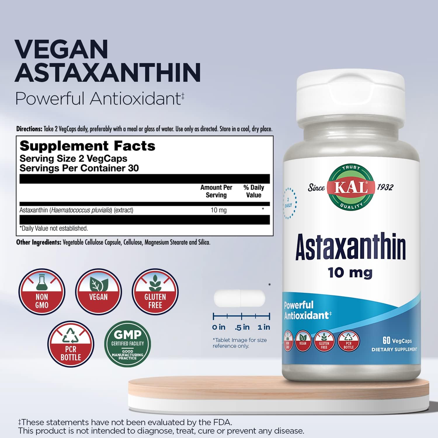 High Potency KAL Astaxanthin 10mg Supplement for Eye and Brain Health, Plant-Based Antioxidants, Non-GMO, Vegan, Gluten-Free - 60 VegCaps