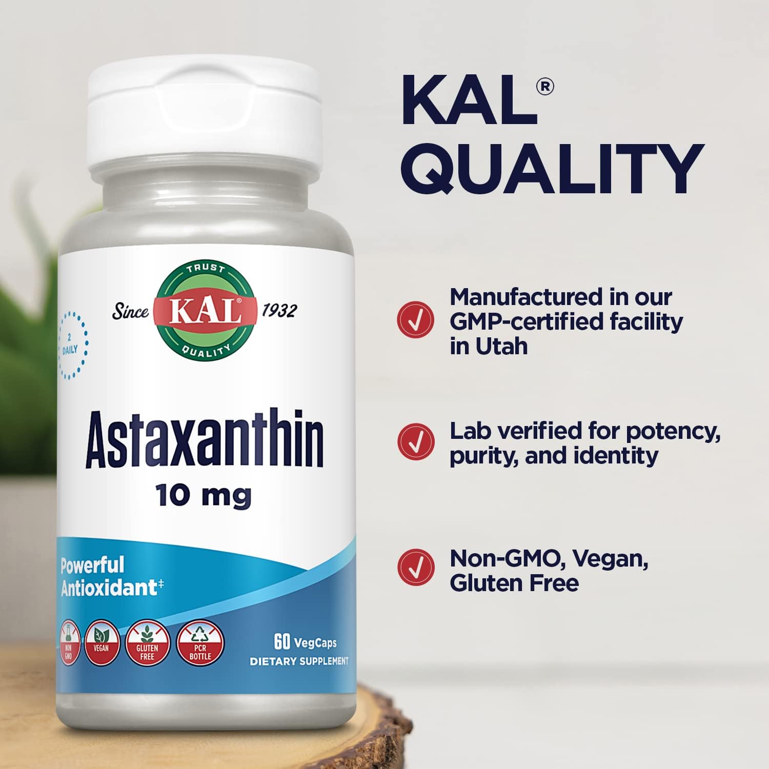 High Potency KAL Astaxanthin 10mg Supplement for Eye and Brain Health, Plant-Based Antioxidants, Non-GMO, Vegan, Gluten-Free - 60 VegCaps