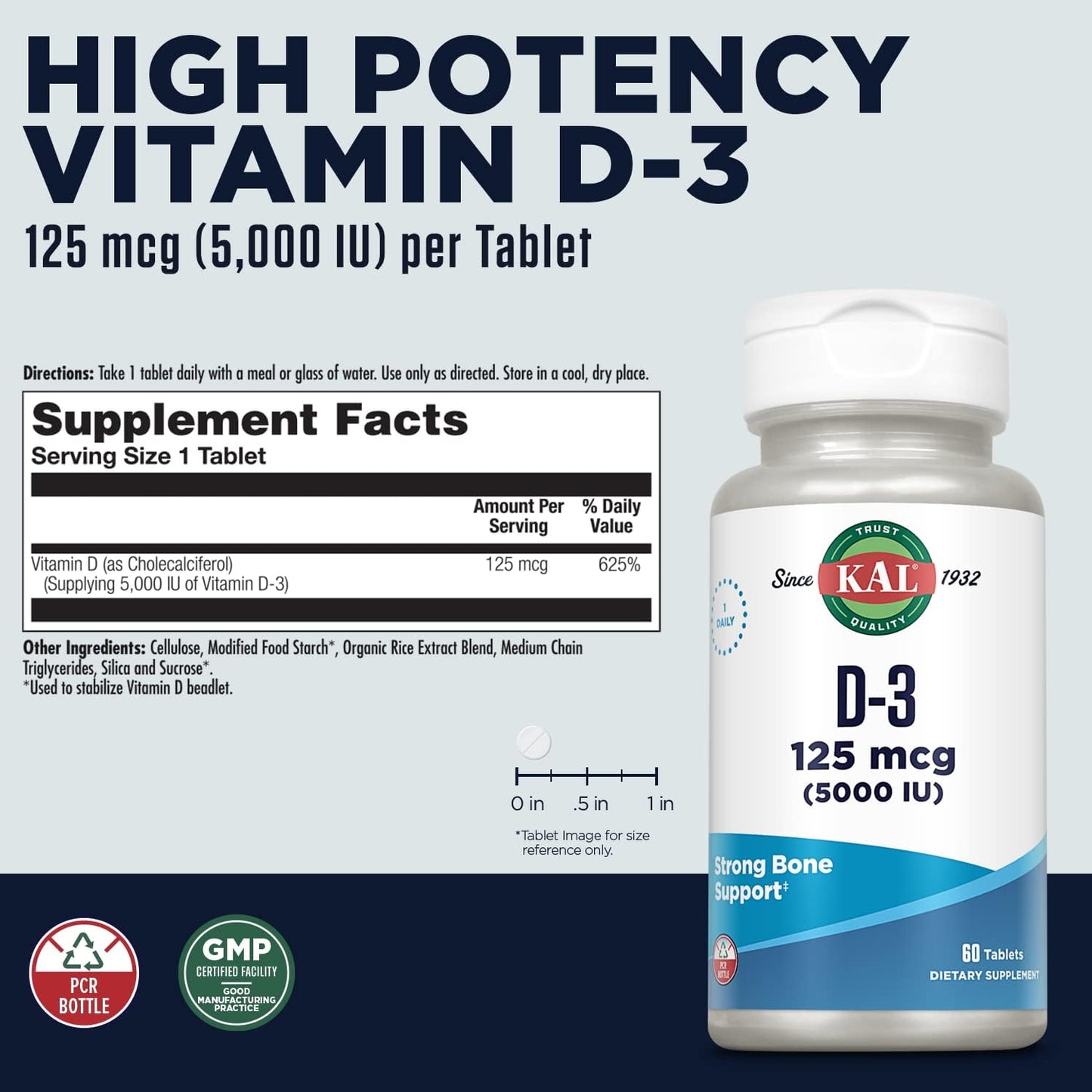 High Potency KAL Vitamin D3 5000 IU Tablets for Bone Health, Calcium Absorption & Immune Support - 60 Servings, Rapid Disintegration D-3 ActivTabs