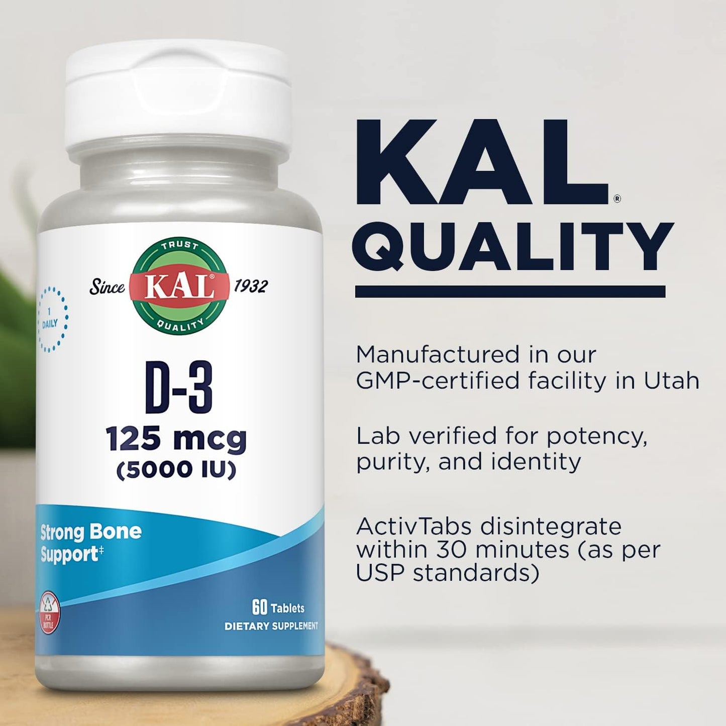 High Potency KAL Vitamin D3 5000 IU Tablets for Bone Health, Calcium Absorption & Immune Support - 60 Servings, Rapid Disintegration D-3 ActivTabs