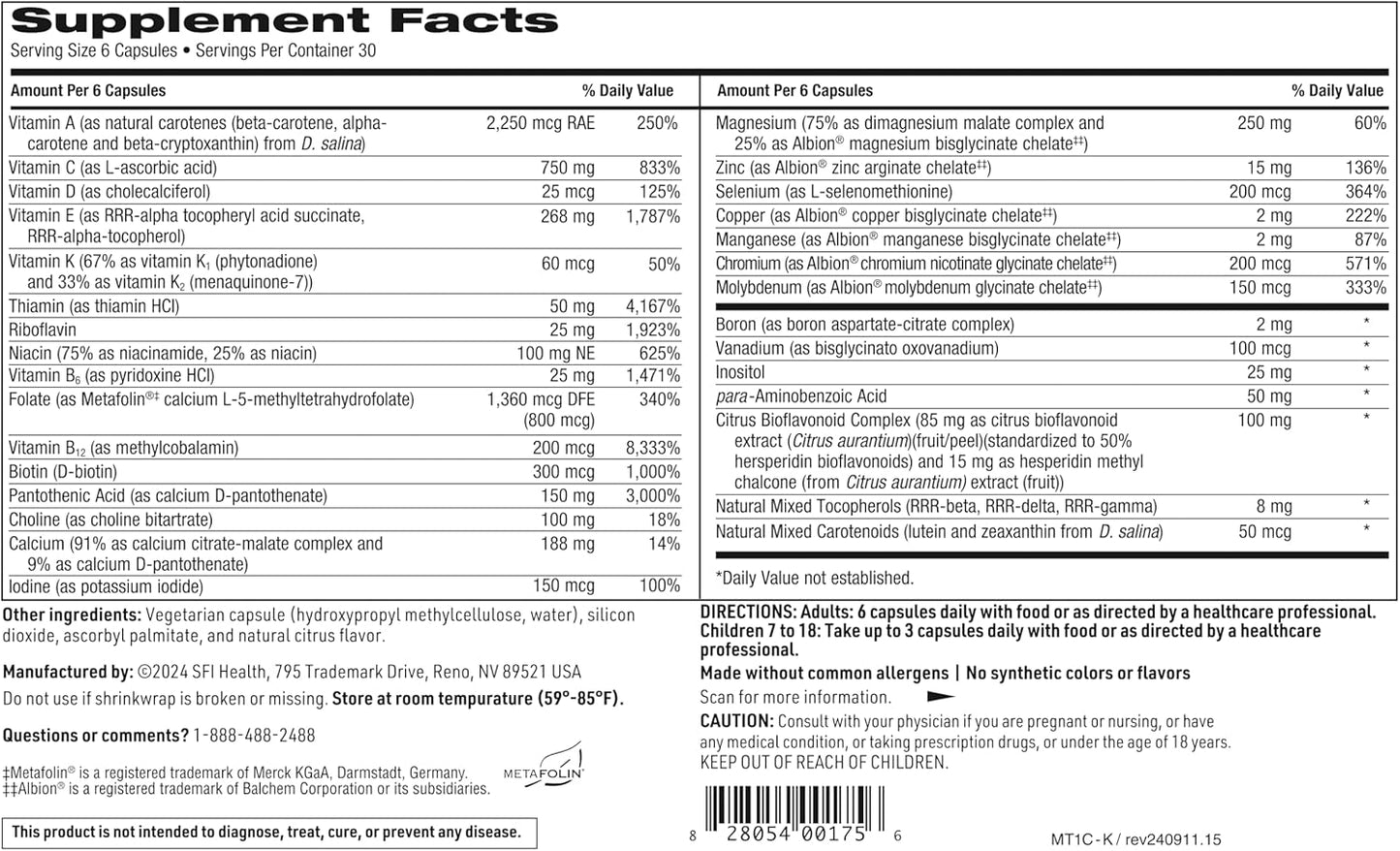 High Potency Klaire Labs MultiThera 1 Plus Multivitamin Capsules with Vitamin K1 & K2 - Iron-Free Formula, Active Folate, 180 Count - BoostGo Australia