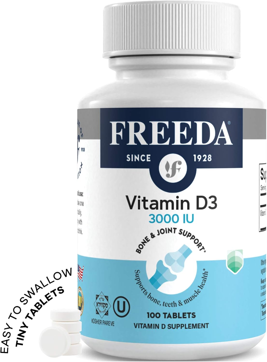 High Potency Kosher Vitamin D3-3000 IU Tablets for Bone, Muscle Health, Immune Support - 100 Tiny Tablets for Men and Women