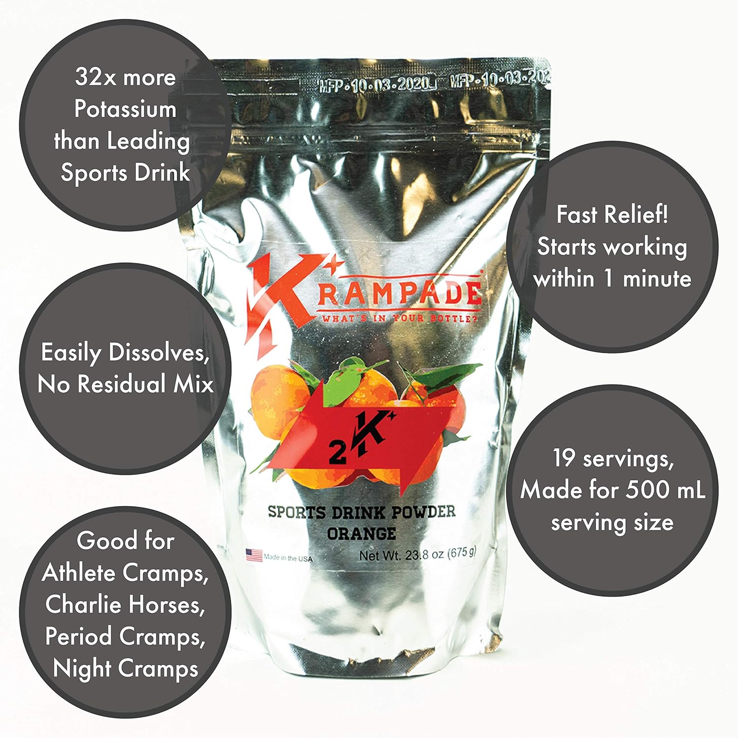 High Potency Krampade Electrolyte Powder with 2000 mg K+ for Cramp Relief and Hydration - More Effective Than Coconut Water