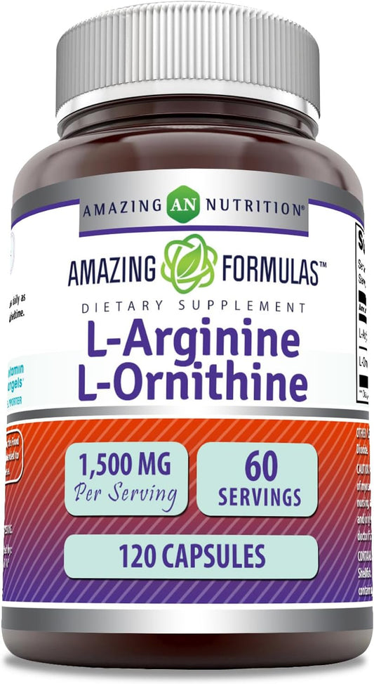 High Potency L-Arginine and L-Ornithine Capsules | 1500mg Per Serving | Non-GMO & Gluten Free | Amino Acid Supplement (120 Count)