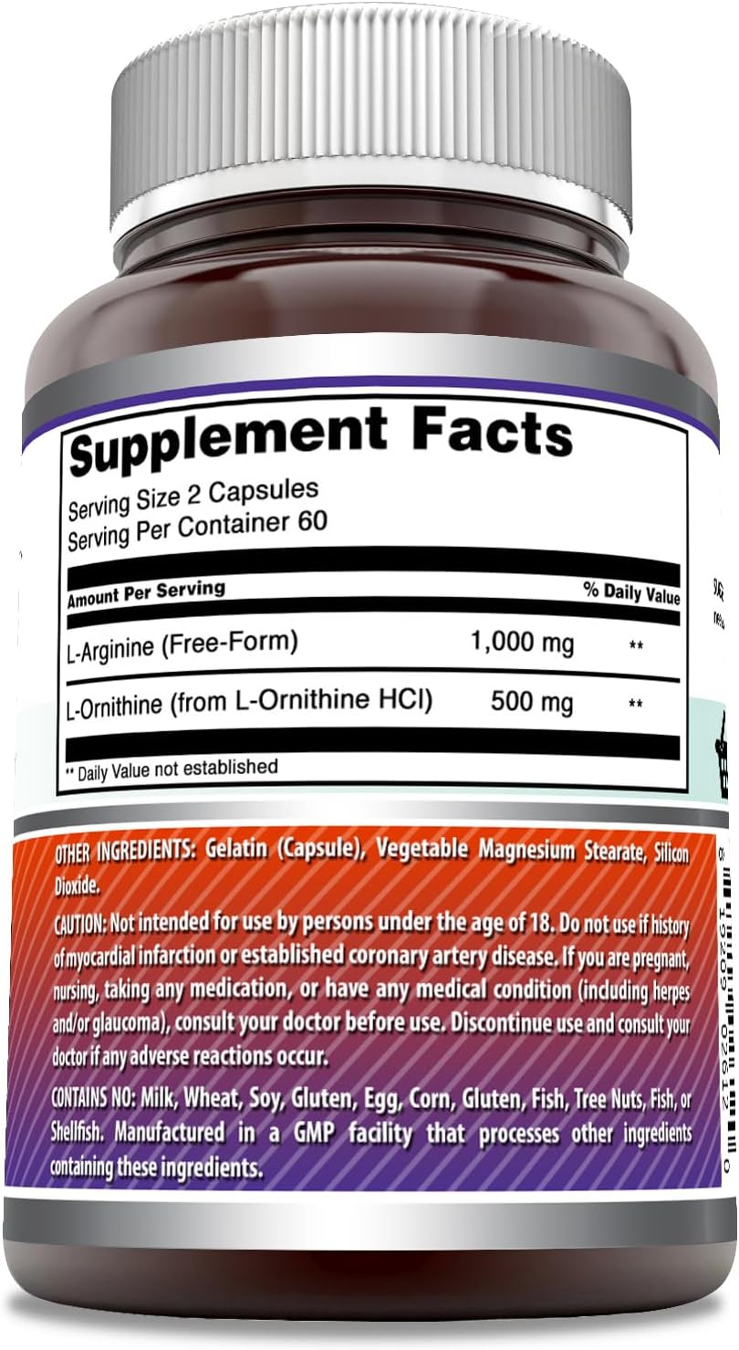 High Potency L-Arginine and L-Ornithine Capsules | 1500mg Per Serving | Non-GMO & Gluten Free | Amino Acid Supplement (120 Count)