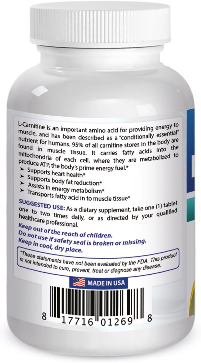 High-Potency L-Carnitine Fumarate Tablets - 1000mg - 120 Count - Enhances Cellular Energy Production