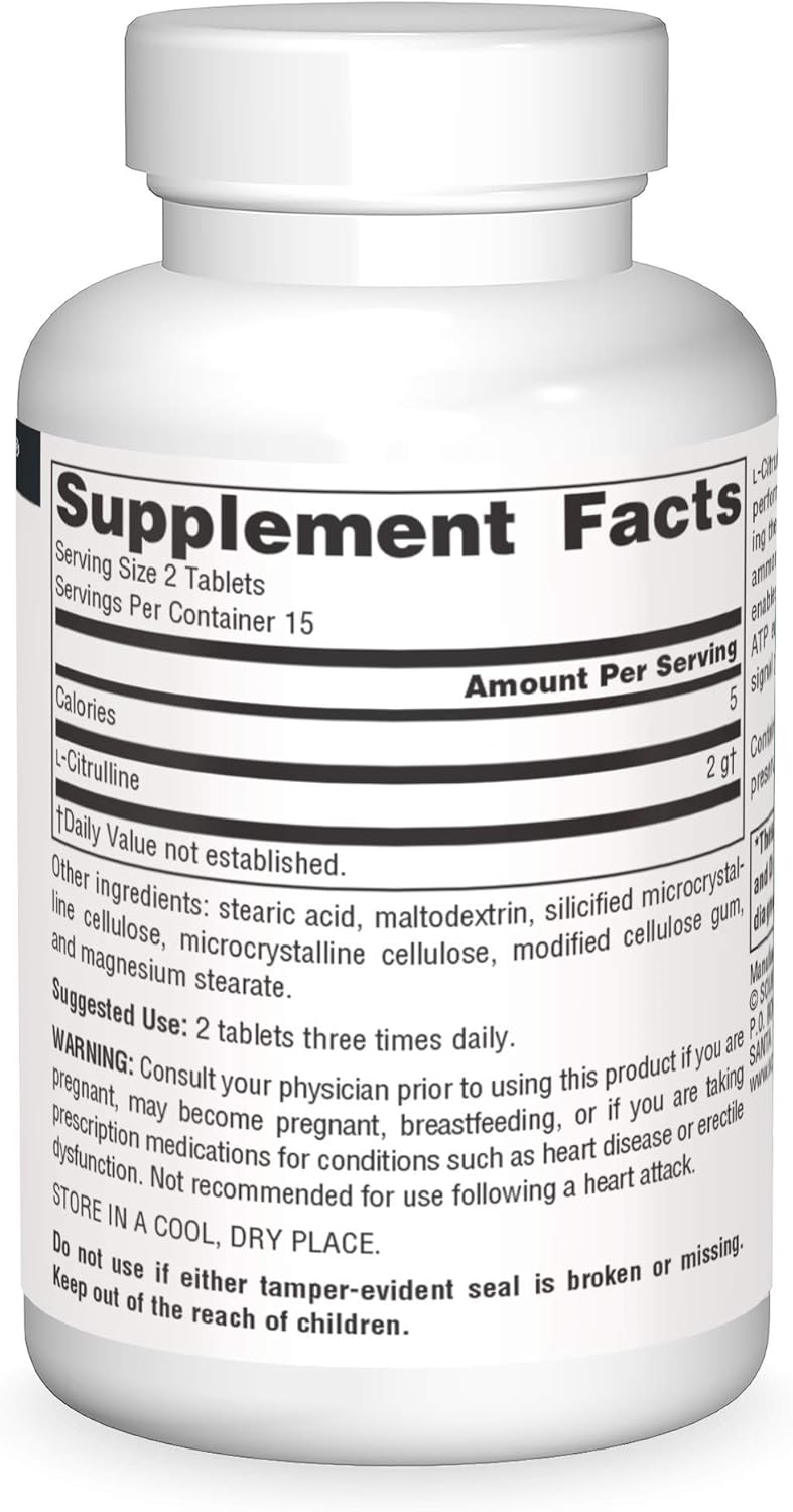 High Potency L-Citrulline Tablets for Exercise Recovery, Energy, and Detox - 1,000 mg - 30 Count