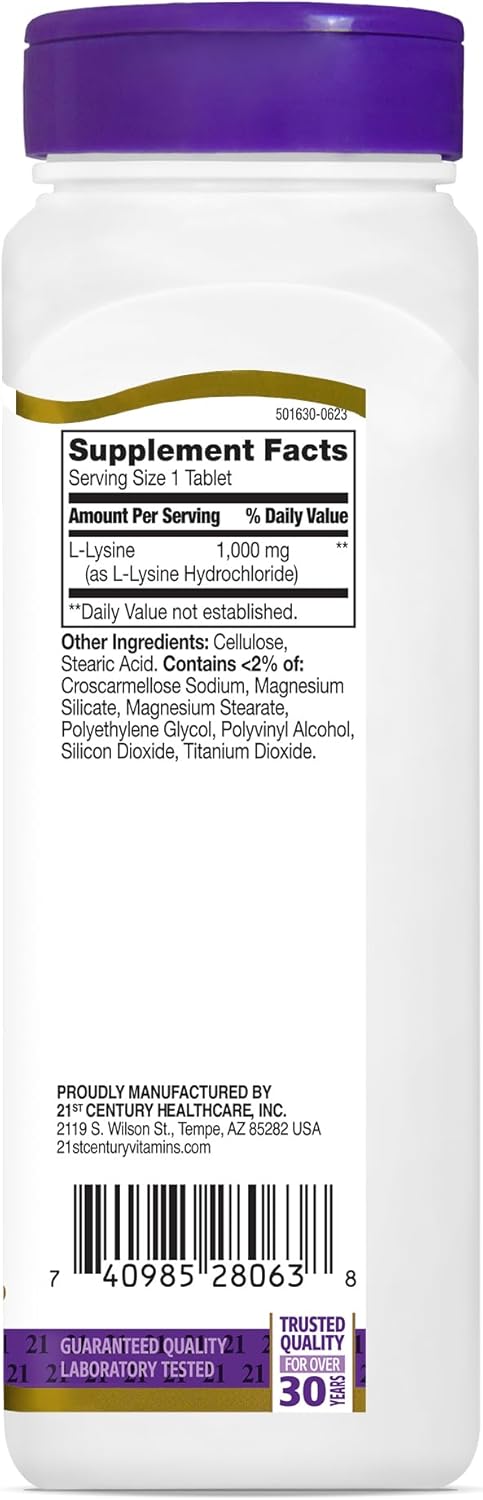 High Potency L-Lysine 1000mg Tablets for Immune Support - 90 Count, 21st Century Healthcare